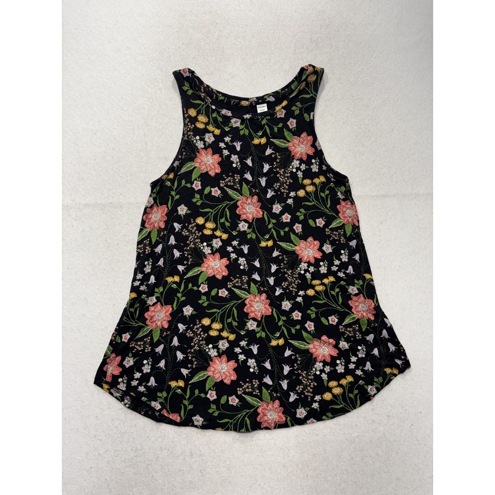 Old Navy Luxe Tank Top Womens Small Black Floral Scoop Neck Rayon Spandex Jersey